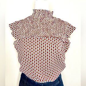 THML White Smocked High-Neck Blouse with Red and Navy Geometric Print